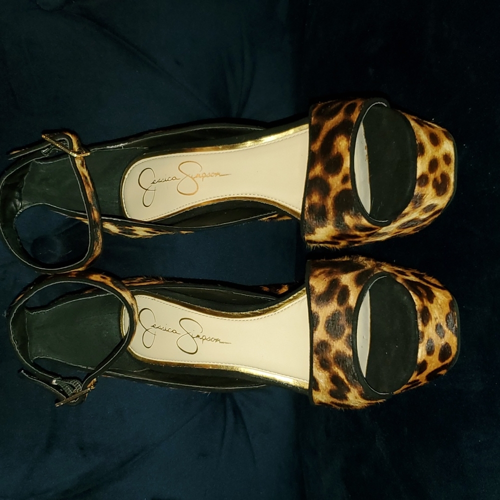 Leopard print cow hide platform ankle strap heels